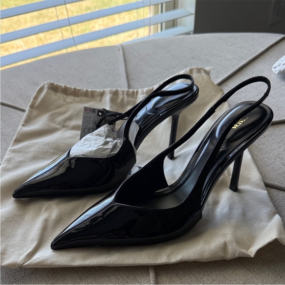 Zara Black Patent Pointed Slingback Heels